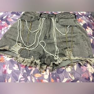 Grey Denim Stretchy Pearl And Chains Shorts - image 1